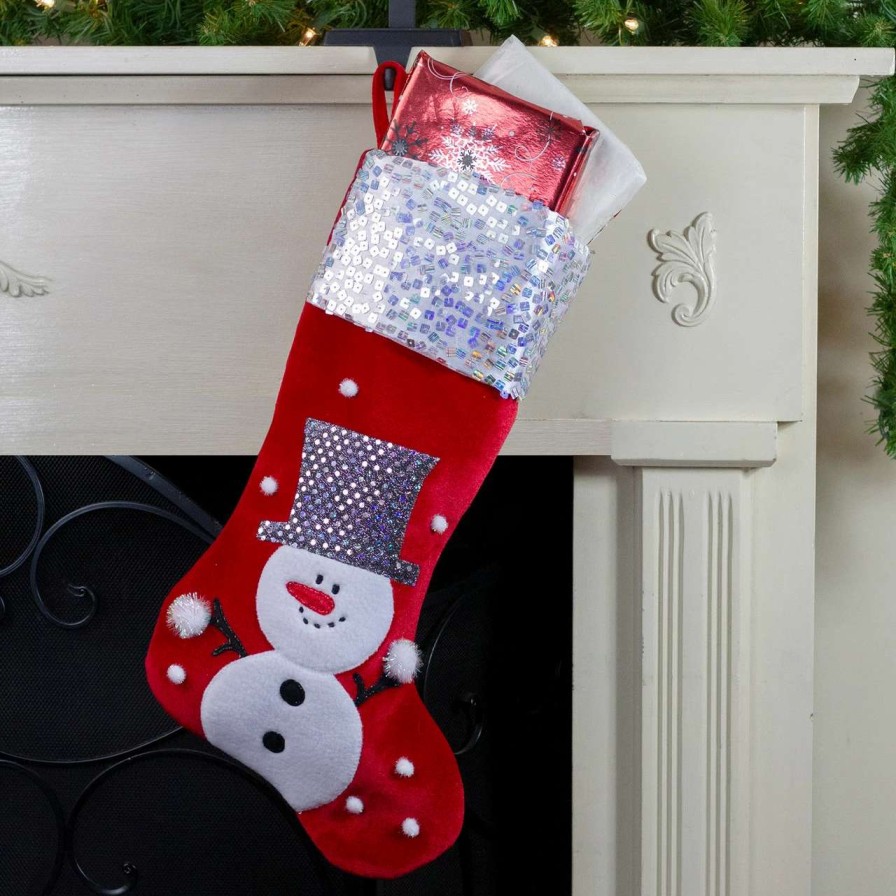 Stockings & Holders * | Northlight 20.5 Red And White Snowman Embroidered Christmas Stocking With Sequined Cuff