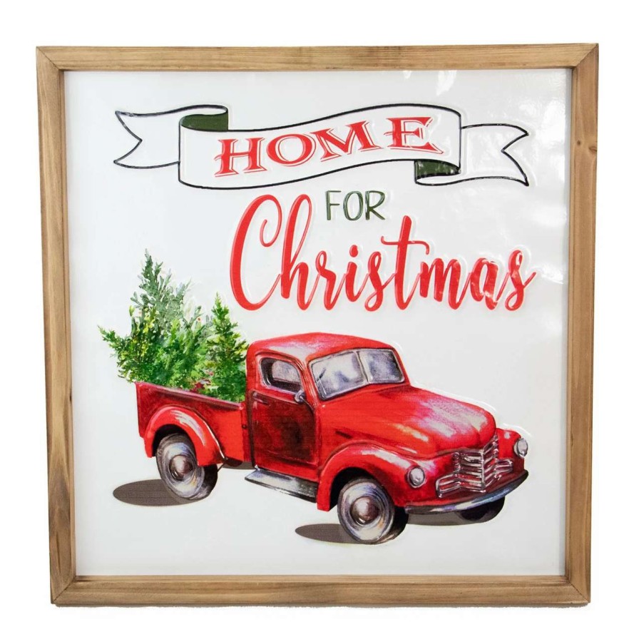 Christmas Village Sets & Accessories * | Northlight 16 Red Vintage Truck With A Forest Tree "Home For Christmas" Metal With A Wooden Frame Wall Decor