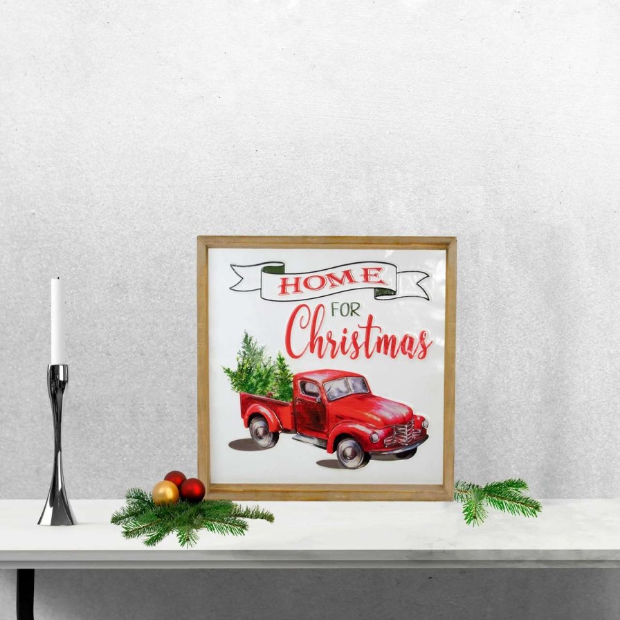 Christmas Village Sets & Accessories * | Northlight 16 Red Vintage Truck With A Forest Tree "Home For Christmas" Metal With A Wooden Frame Wall Decor