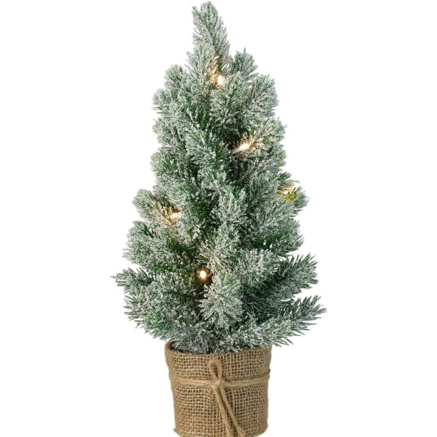 Christmas Table Top Trees * | Northlight 17-Inch Mini Artificial Tabletop Led Flocked Christmas Tree With Burlap Base- Clear Lights