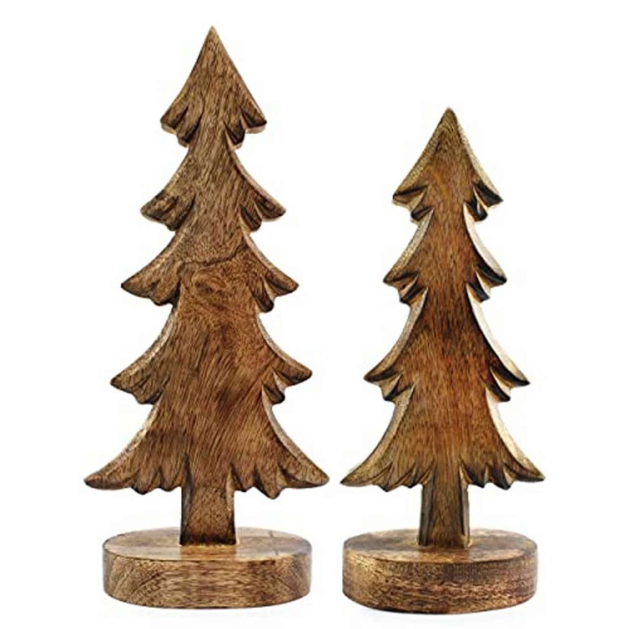 Christmas Table Top Trees * | Auldhome Design Natural Color Wooden Christmas Trees; Tabletop Handmade Wood Trees W Rectangular Base For Holiday Decor, Set Of 2