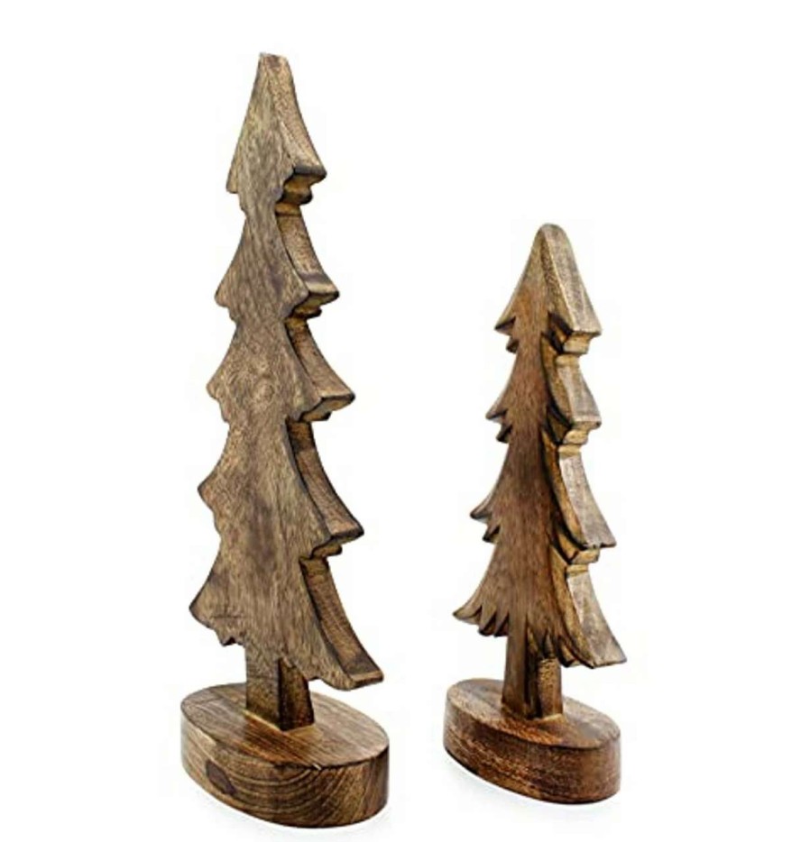 Christmas Table Top Trees * | Auldhome Design Natural Color Wooden Christmas Trees; Tabletop Handmade Wood Trees W Rectangular Base For Holiday Decor, Set Of 2