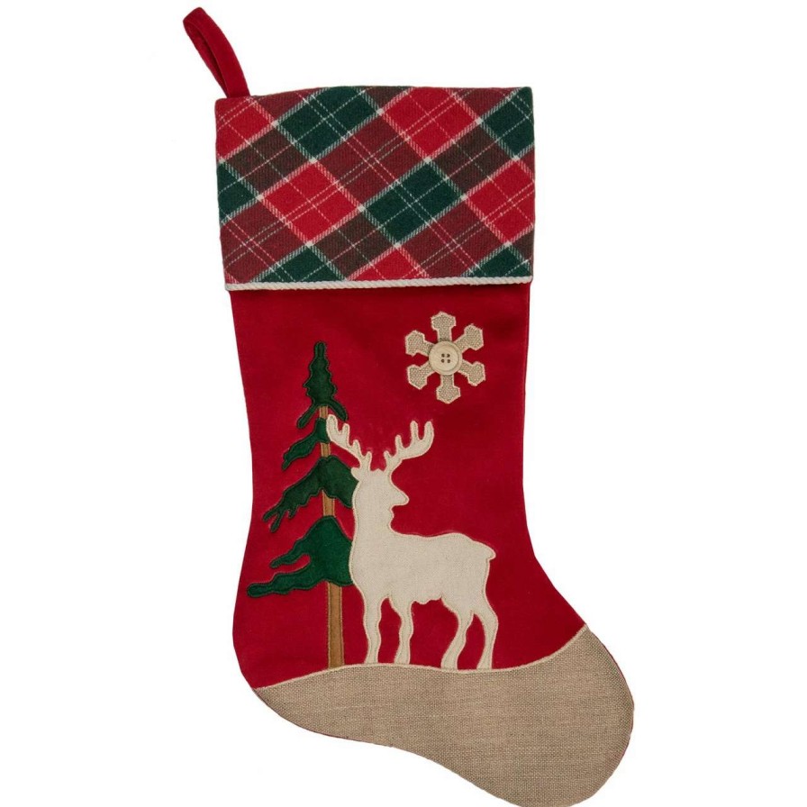 Stockings & Holders * | Northlight 20.5-Inch Red And Green Plaid Christmas Stocking With A Pine Tree And Moose