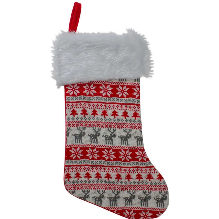 Stockings & Holders * | Northlight 19 Red And White Tree, Deer And Snowflake Knit Christmas Stocking With Faux Fur Cuff