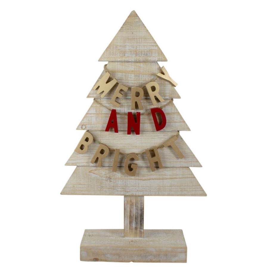 Christmas Table Top Trees * | Northlight 23 Gold And Red Merry And Bright Wooden Christmas Tree Decoration