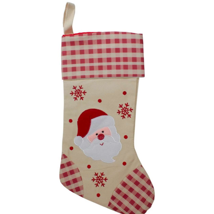 Stockings & Holders * | Northlight 16.5 Red And Ivory Embroidered Santa Claus Christmas Stocking With Gingham Cuff