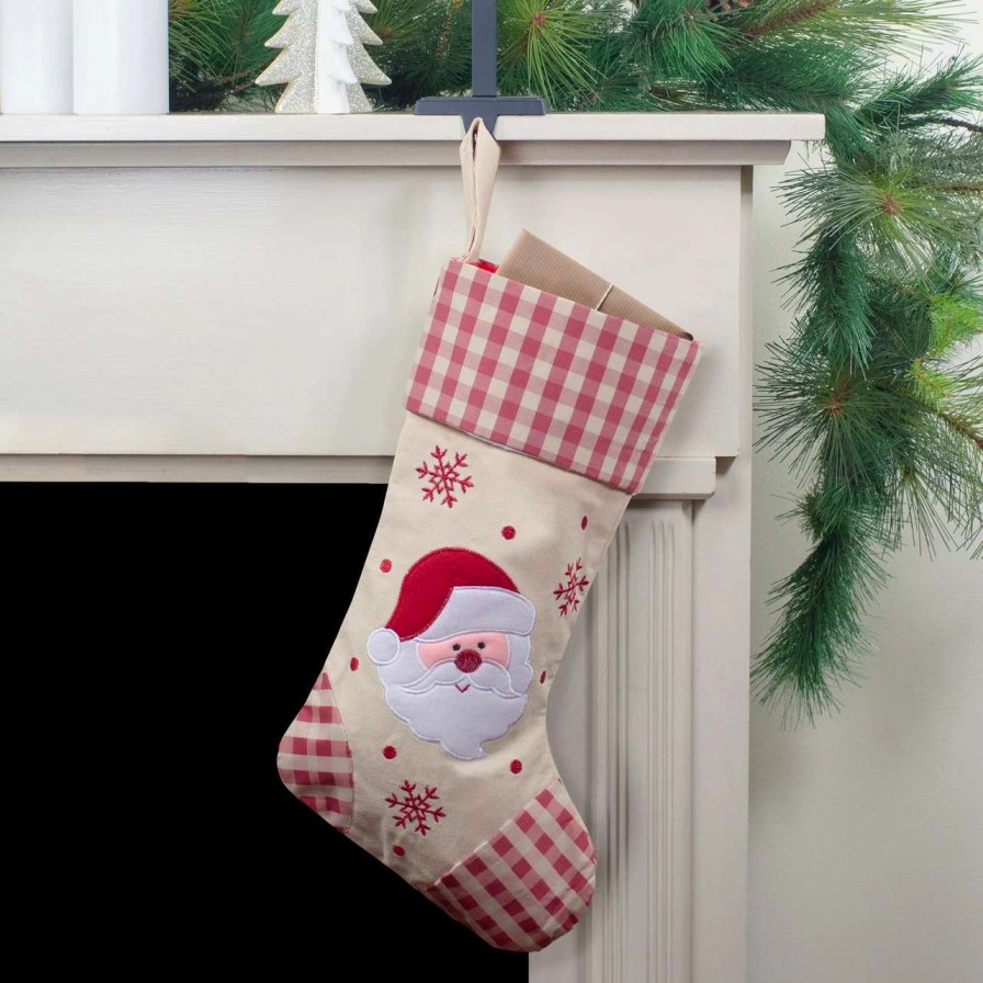 Stockings & Holders * | Northlight 16.5 Red And Ivory Embroidered Santa Claus Christmas Stocking With Gingham Cuff