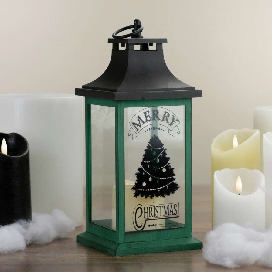 Candles & Lanterns * | Northlight 12 Green And Black Led Candle With Christmas Tree Tabletop Lantern