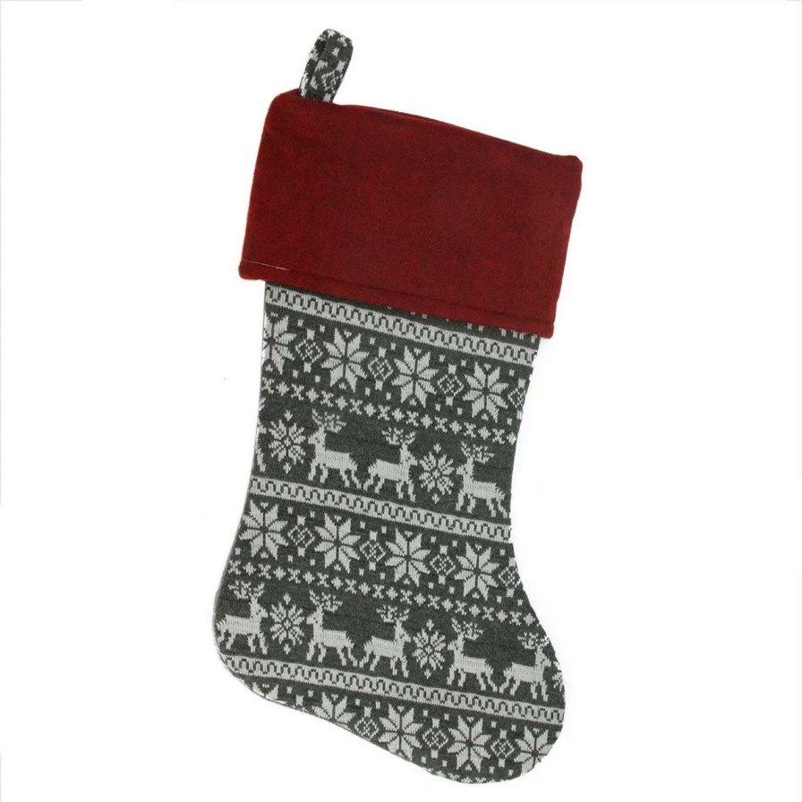 Stockings & Holders * | Northlight 19 Festive Grey, White And Red Snowflakes & Reindeer Knit Christmas Stocking