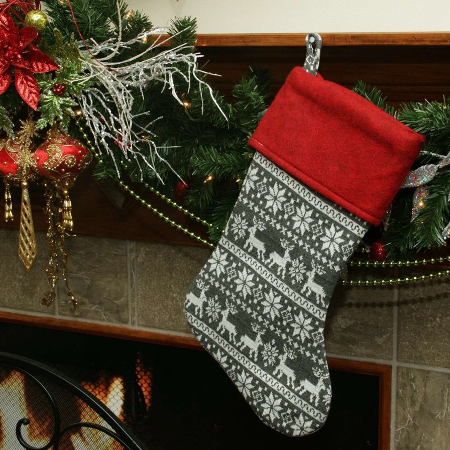 Stockings & Holders * | Northlight 19 Festive Grey, White And Red Snowflakes & Reindeer Knit Christmas Stocking