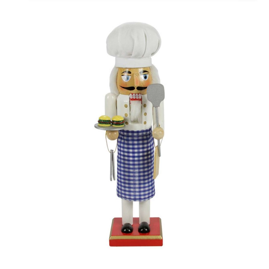 Figures * | Nutcracker Factory 14 White And Blue Chef With Gingham Apron Wooden Christmas Nutcracker