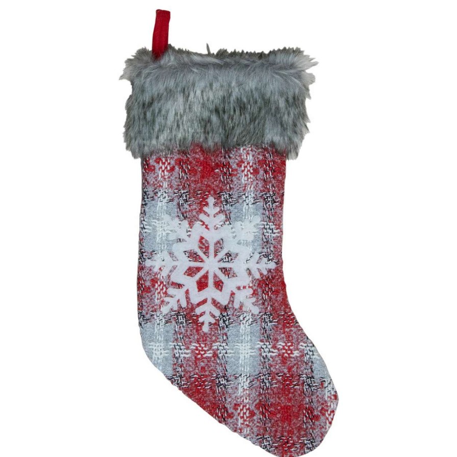 Stockings & Holders * | Northlight 18-Inch Red And White Plaid Faux Fur Christmas Stocking With Snowflake