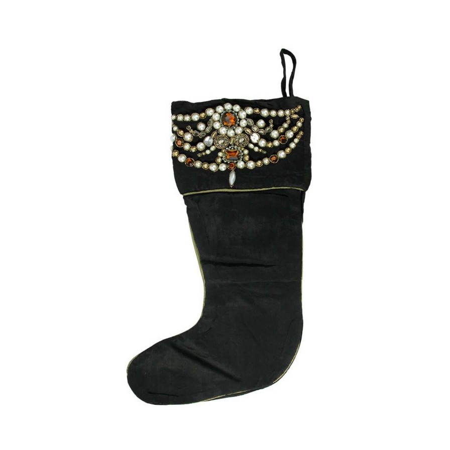 Stockings & Holders * | Cc Christmas Decor 20 Black And Gold Pearl Beaded Christmas Stocking