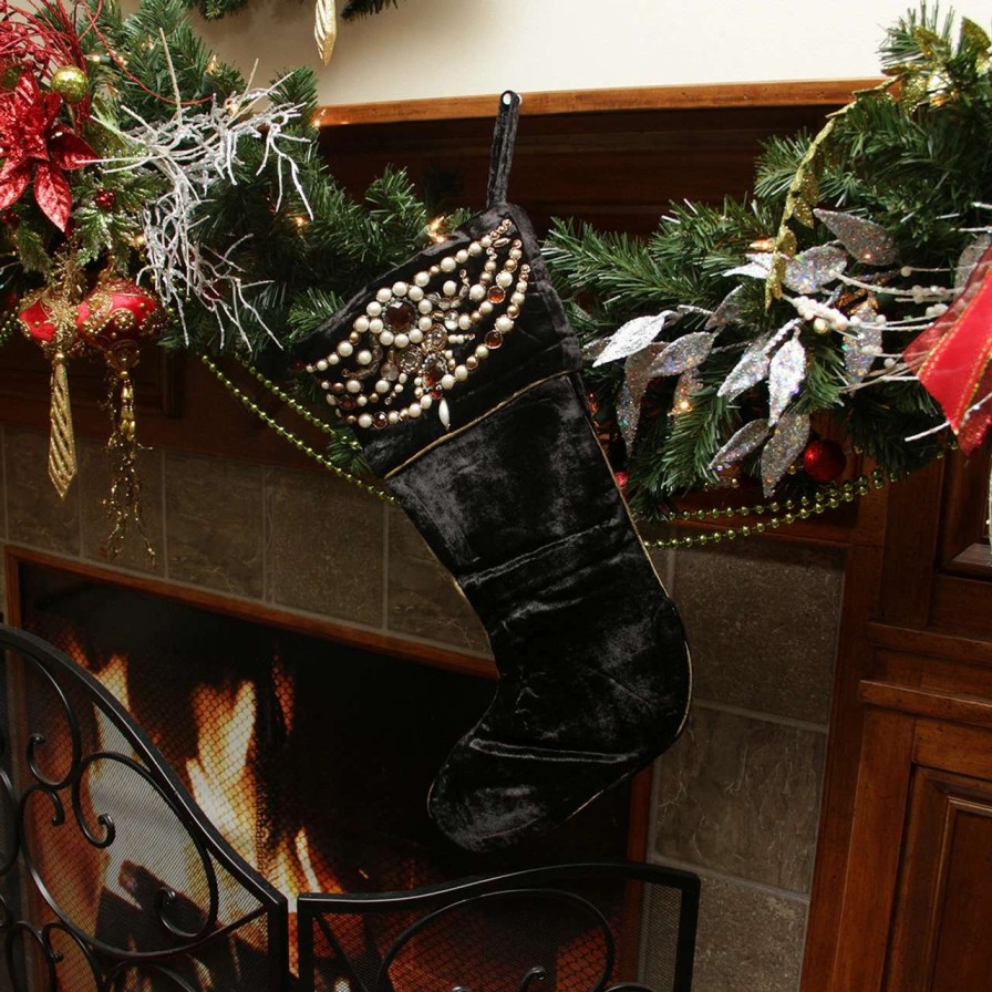 Stockings & Holders * | Cc Christmas Decor 20 Black And Gold Pearl Beaded Christmas Stocking