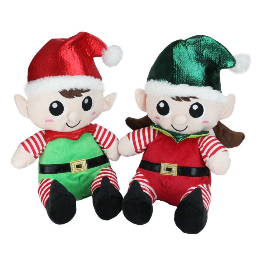 Figures * | Northlight Set Of 2 Red Plush Sitting Boy And Girl Christmas Elf Figures 13