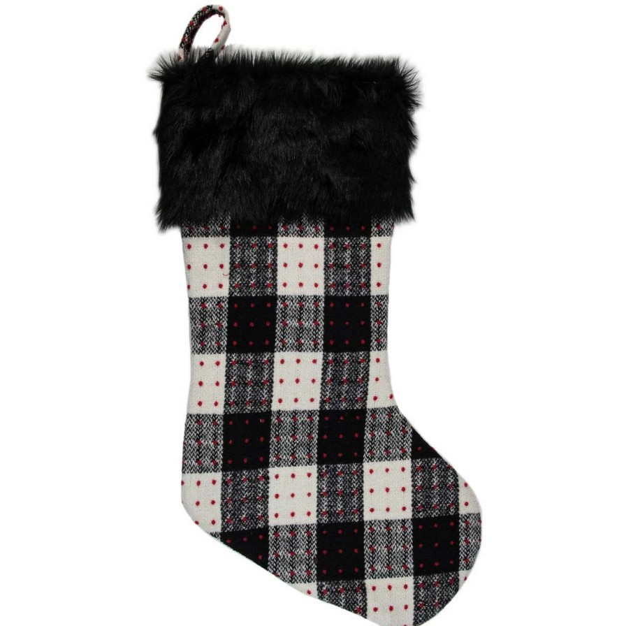 Stockings & Holders * | Northlight 21 Black And Ivory Plaid With Dots And Faux Fur Cuff Christmas Stocking