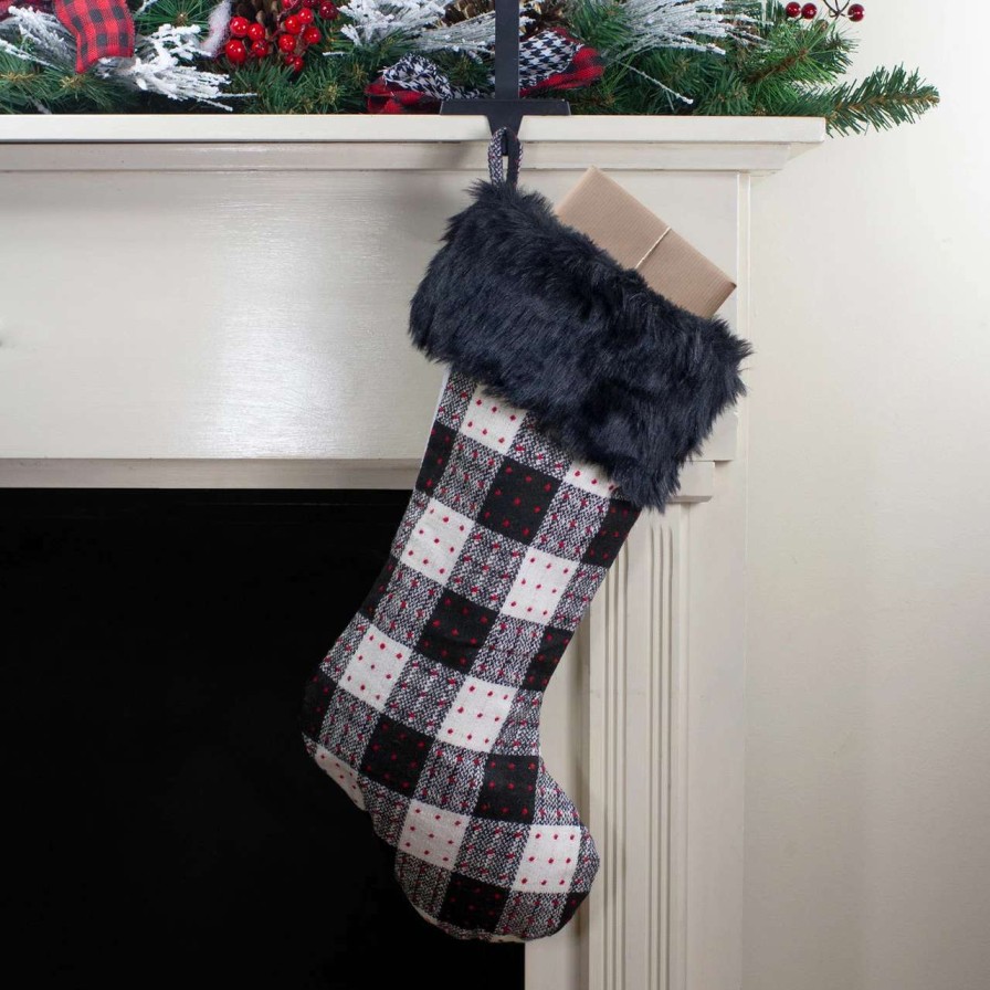 Stockings & Holders * | Northlight 21 Black And Ivory Plaid With Dots And Faux Fur Cuff Christmas Stocking