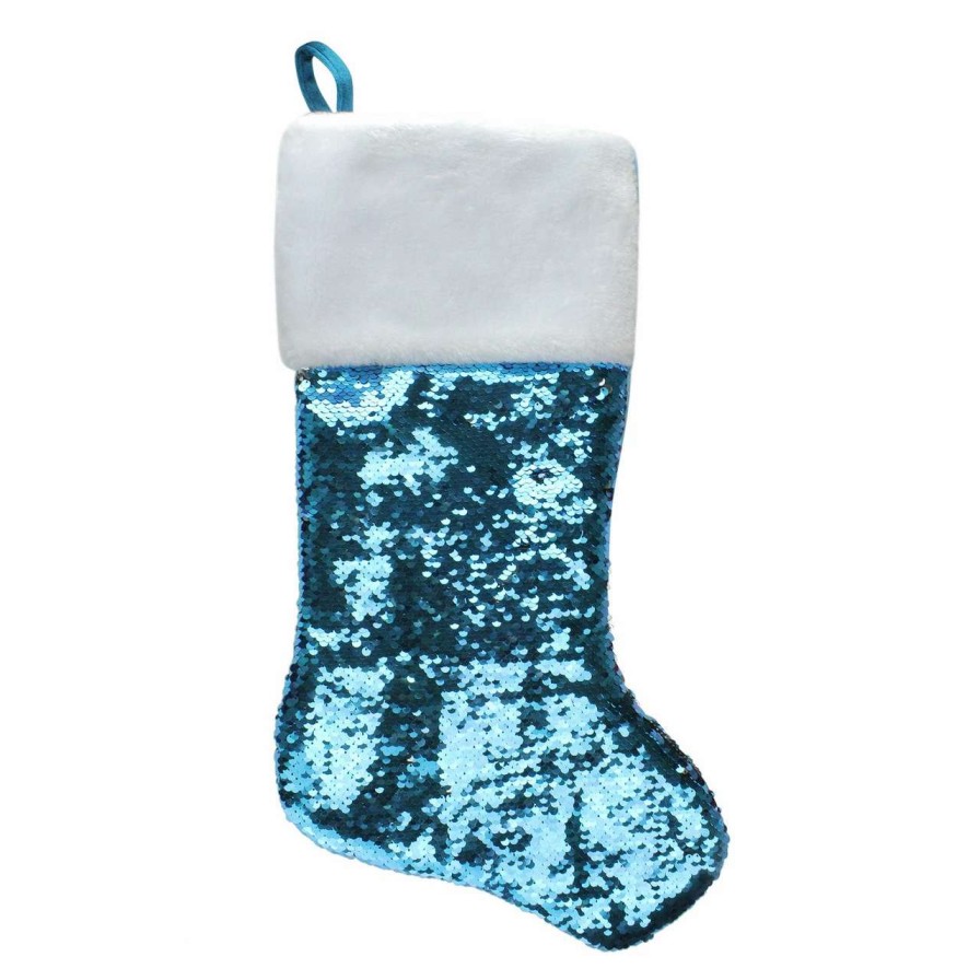 Stockings & Holders * | Northlight 22.75 Sky Blue And Silver Reversible Sequined Christmas Stocking With Faux Fur Cuff