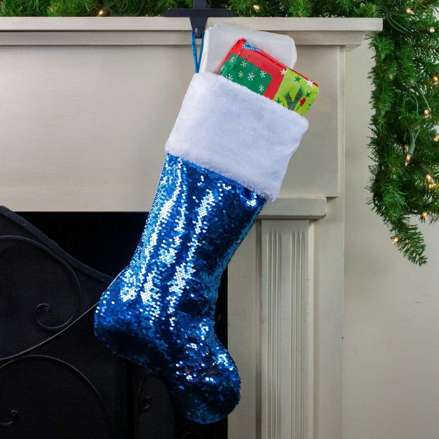 Stockings & Holders * | Northlight 22.75 Sky Blue And Silver Reversible Sequined Christmas Stocking With Faux Fur Cuff