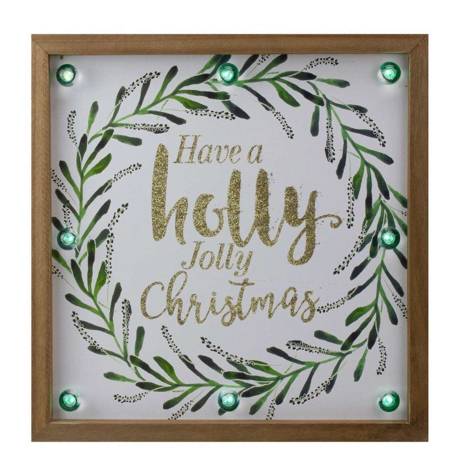 Christmas Village Sets & Accessories * | Northlight 11.75 Lighted "Holly Jolly" With A Green Wreath Wood Christmas Plaque