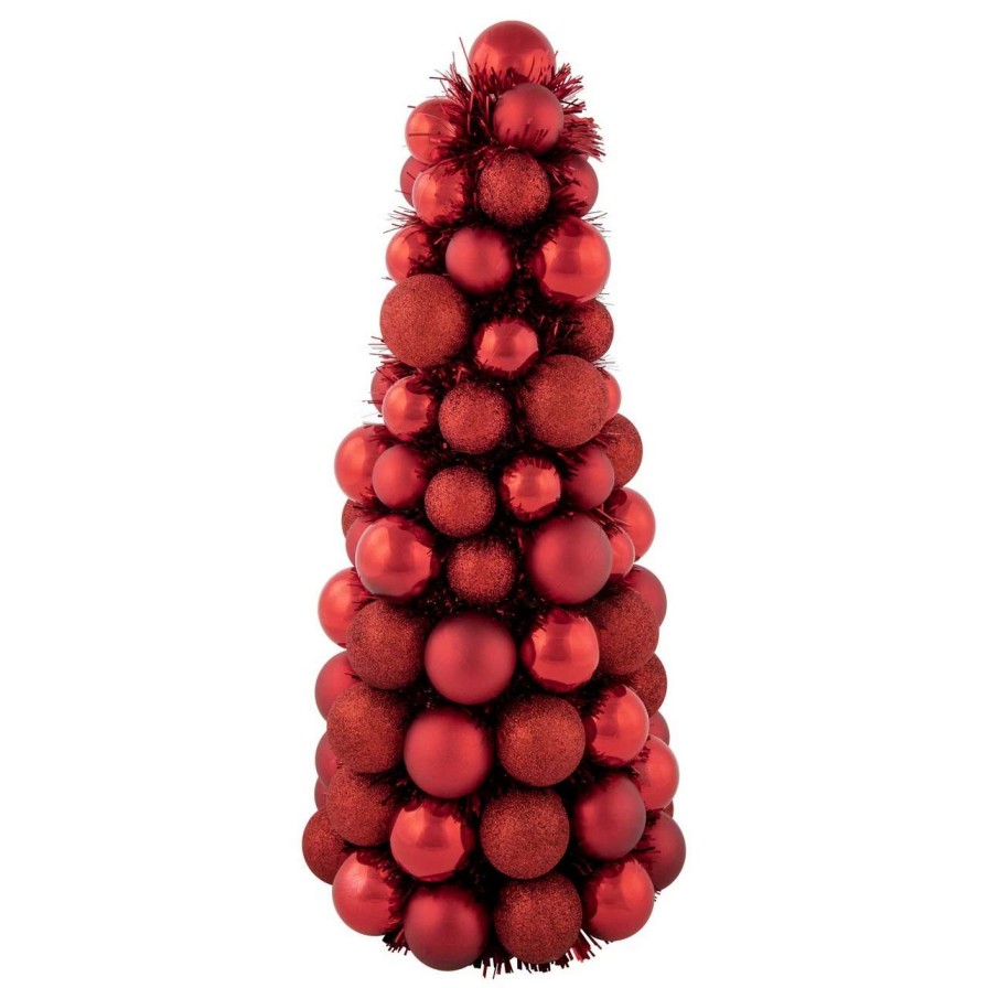 Christmas Table Top Trees * | Northlight 15.75 Red 3-Finish Shatterproof Ball Christmas Tree With Tinsel