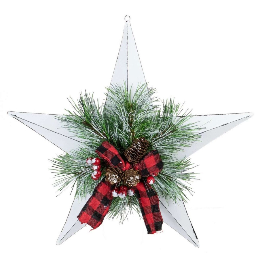 Christmas Village Sets & Accessories * | Northlight 17 White 5 Point Christmas Star With Plaid Ribbon With Artificial Pine