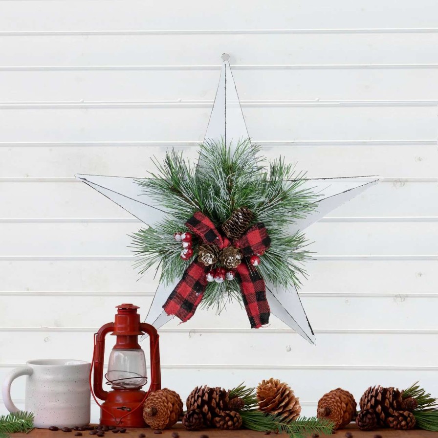 Christmas Village Sets & Accessories * | Northlight 17 White 5 Point Christmas Star With Plaid Ribbon With Artificial Pine