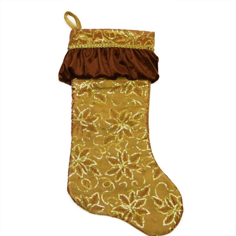 Stockings & Holders * | Northlight 19 Gold Sequined Floral Venetian Style Ruffle Cuff Christmas Stocking