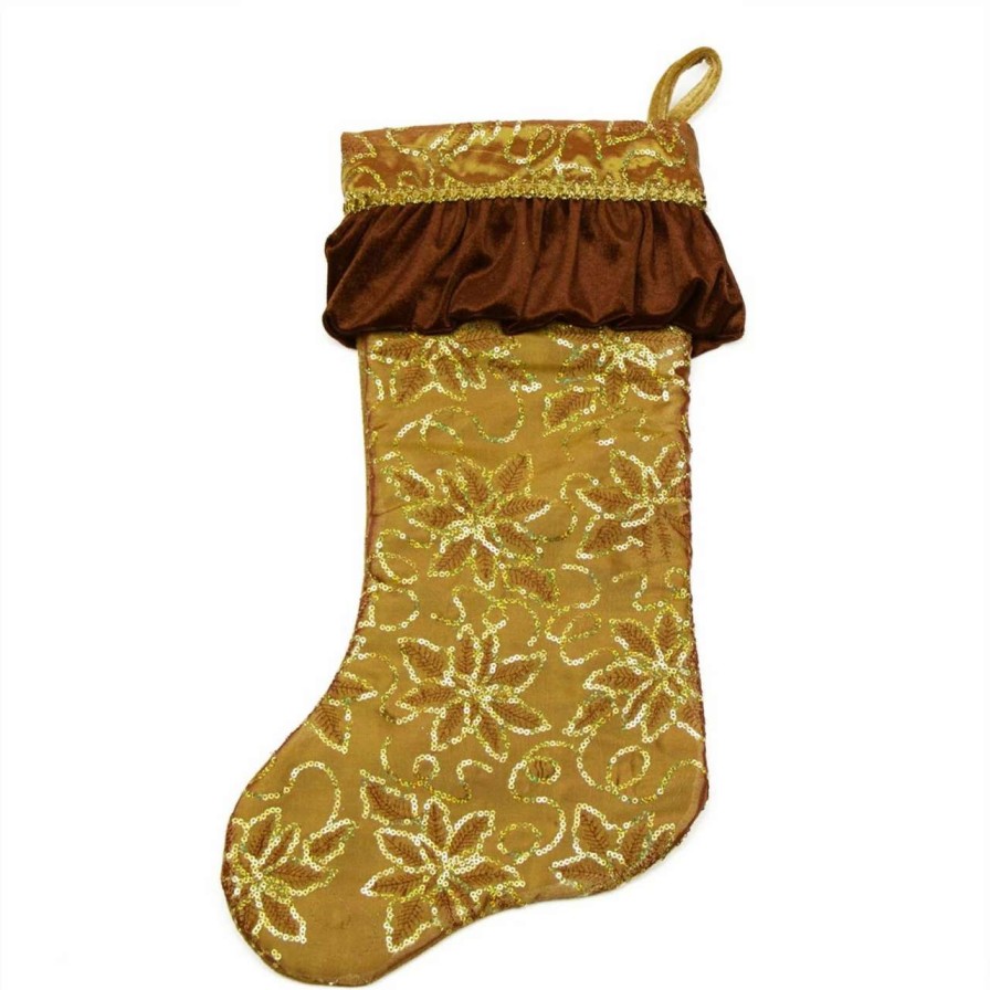 Stockings & Holders * | Northlight 19 Gold Sequined Floral Venetian Style Ruffle Cuff Christmas Stocking