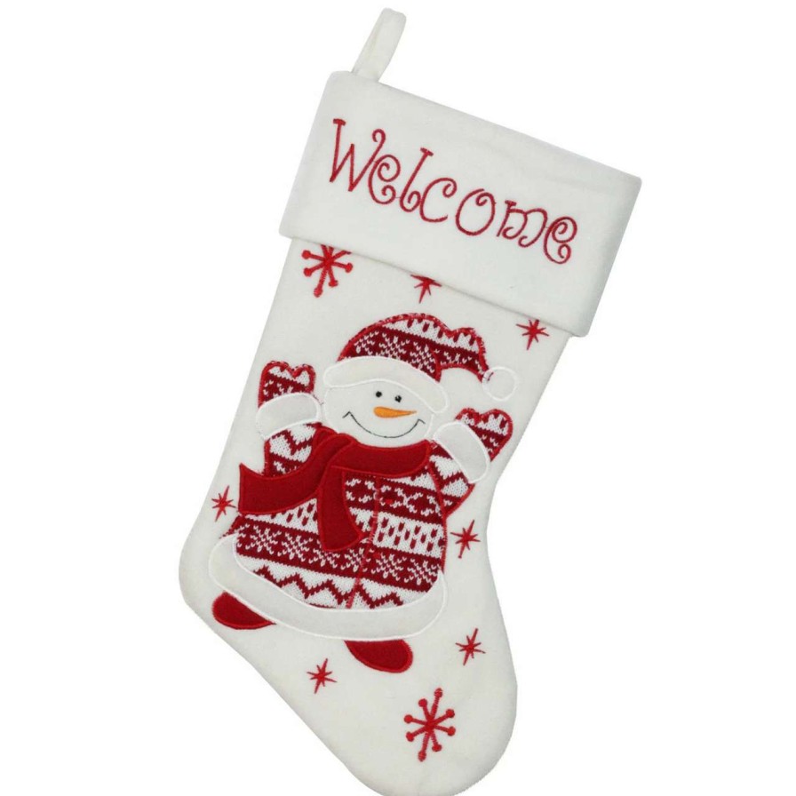 Stockings & Holders * | Northlight 15.75 Red And White Welcome Snowman Embroidered Christmas Stocking