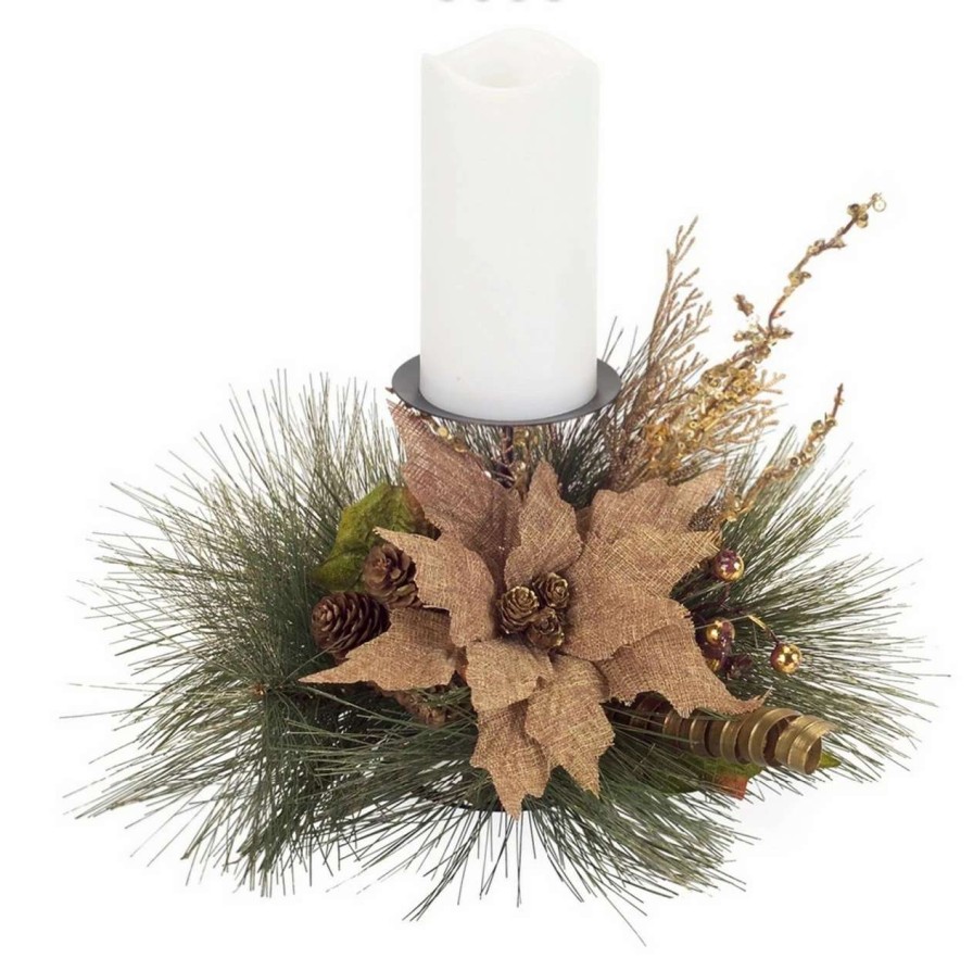 Candles & Lanterns * | Melrose 19 Green And Brown Poinsettia Pine Cone Christmas Candle Holder