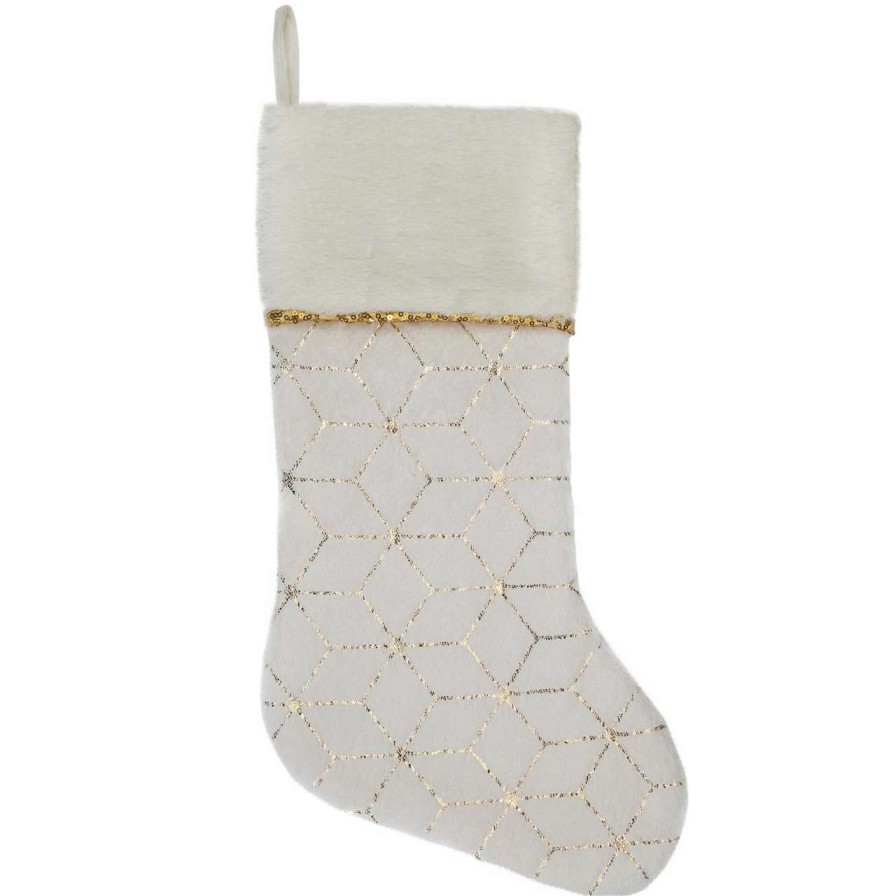 Stockings & Holders * | Northlight 20 Cream And Gold Faux Fur Geometric Pattern Christmas Stocking