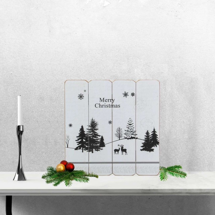 Christmas Village Sets & Accessories * | Northlight 16" White Merry Christmas Post Card Winter Scene Wooden Wall Sign