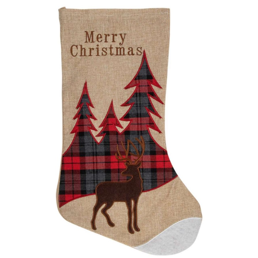 Stockings & Holders * | Northlight 19 Beige And Red Plaid Reindeer With Forest Trees Christmas Stocking