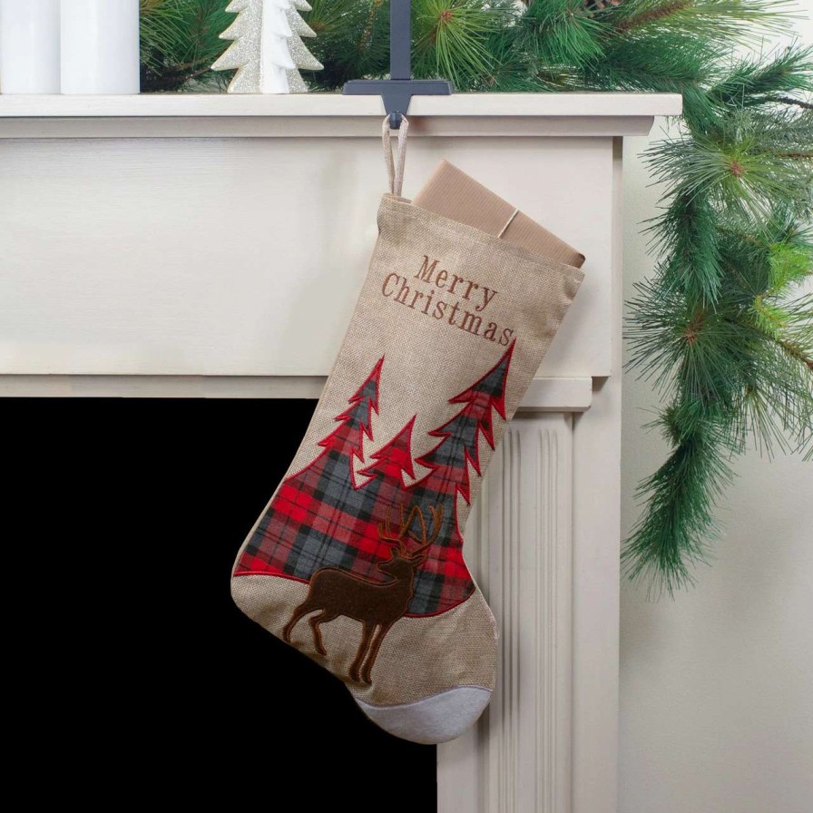 Stockings & Holders * | Northlight 19 Beige And Red Plaid Reindeer With Forest Trees Christmas Stocking