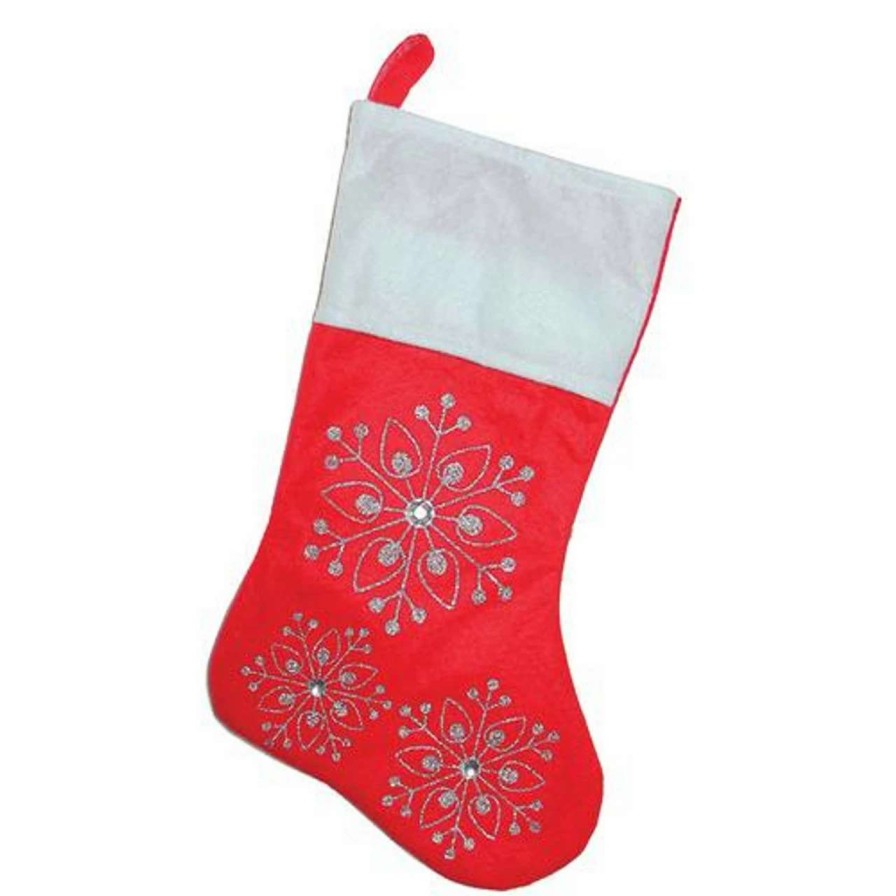 Stockings & Holders * | Northlight 19 Red And White Felt Christmas Stocking With Glitter Snowflakes And Gemstones