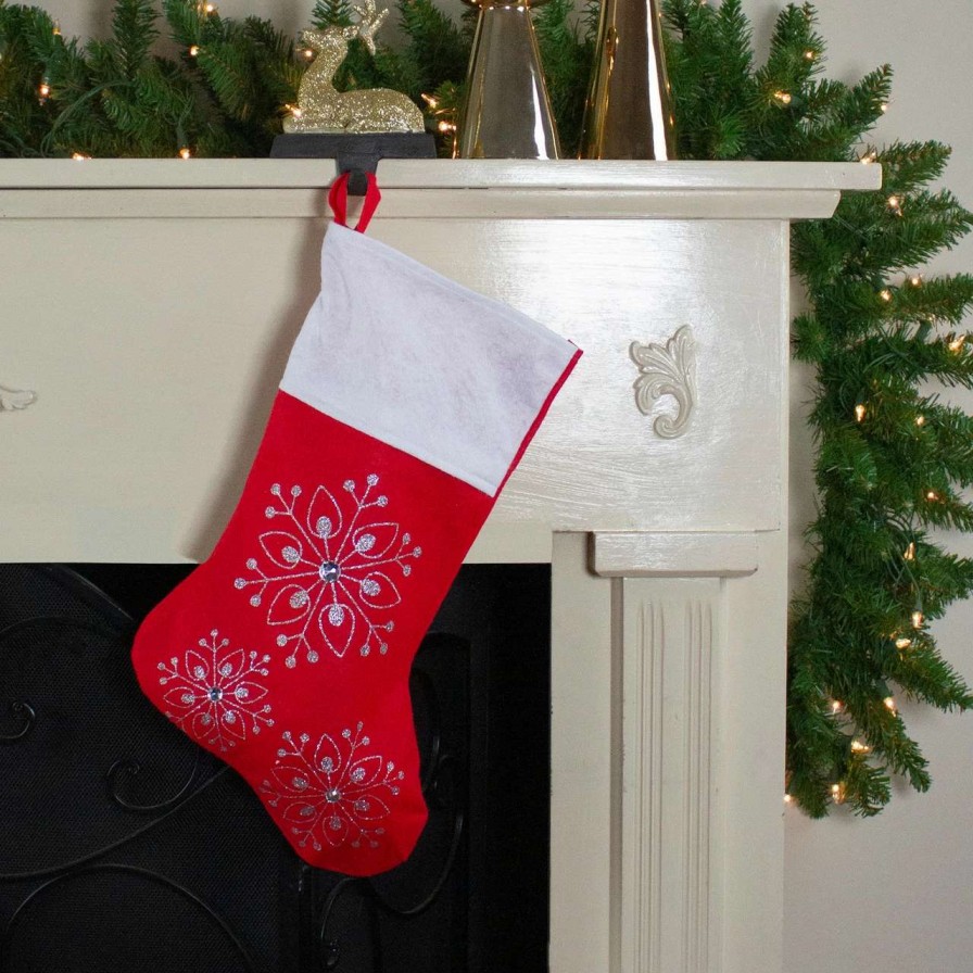 Stockings & Holders * | Northlight 19 Red And White Felt Christmas Stocking With Glitter Snowflakes And Gemstones