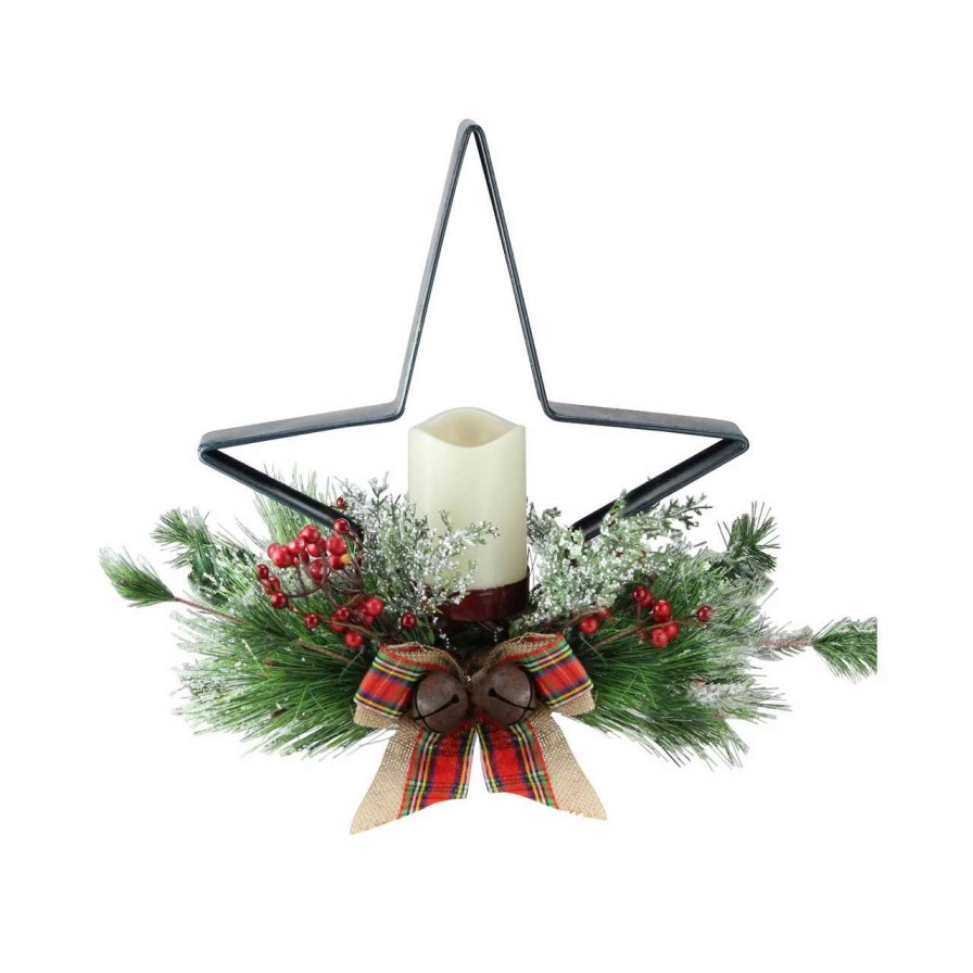 Candles & Lanterns * | Gerson Company/Gil Division 15 Green And Ivory Pine Needle, Berry, And Jingle Bell Deep Star Shaped Candle Holder