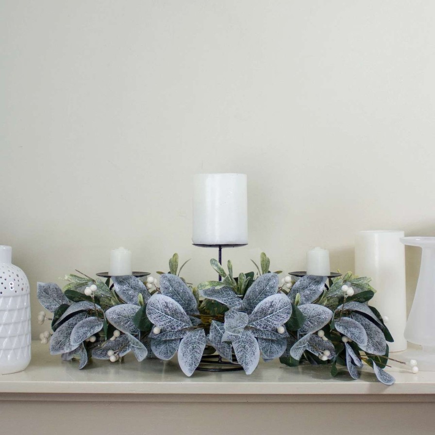 Candles & Lanterns * | Northlight 32 Iced Leaves And Winter Berries Artificial Christmas Pillar Candle Holder