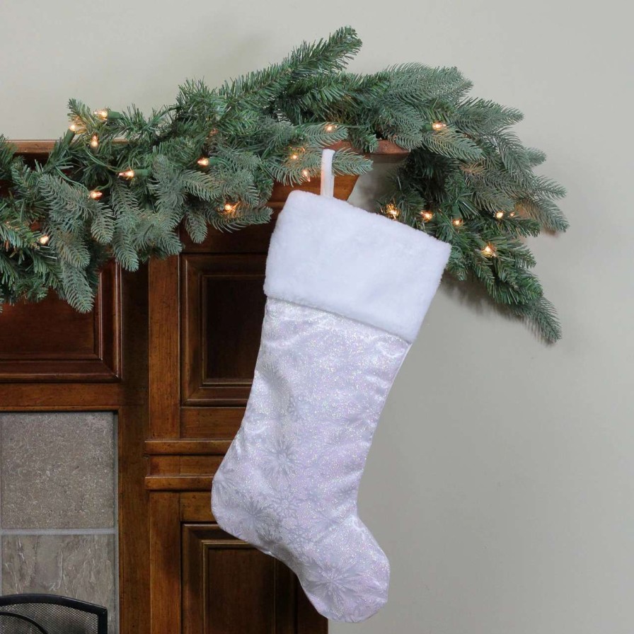 Stockings & Holders * | Northlight 20.5 Iridescent Glitter Snowflake Print Christmas Stocking With Faux Fur Cuff