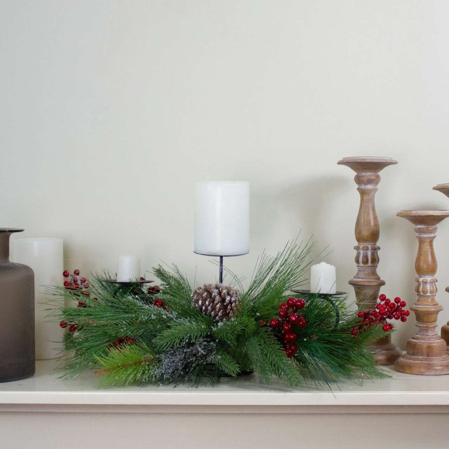 Candles & Lanterns * | Northlight 32 Iced Mixed Pine, Berries And Pine Cones Christmas Pillar Candle Holder