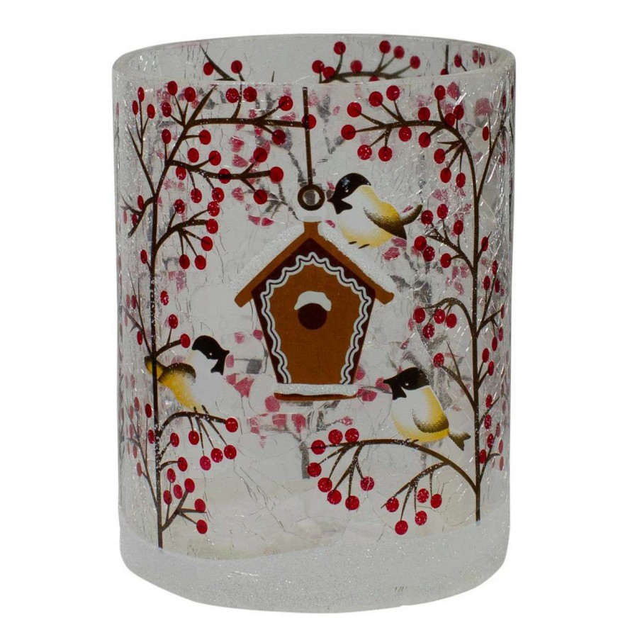 Candles & Lanterns * | Northlight 5 Hand Painted Sparrows And Berries Flameless Glass Christmas Candle Holder