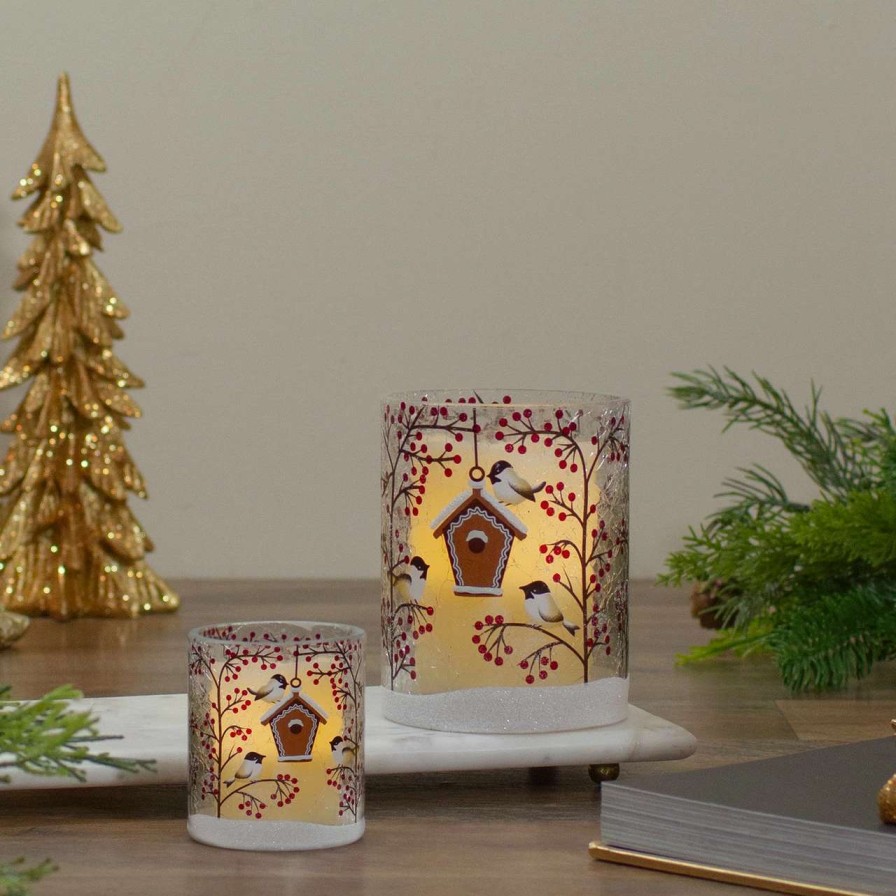 Candles & Lanterns * | Northlight 5 Hand Painted Sparrows And Berries Flameless Glass Christmas Candle Holder