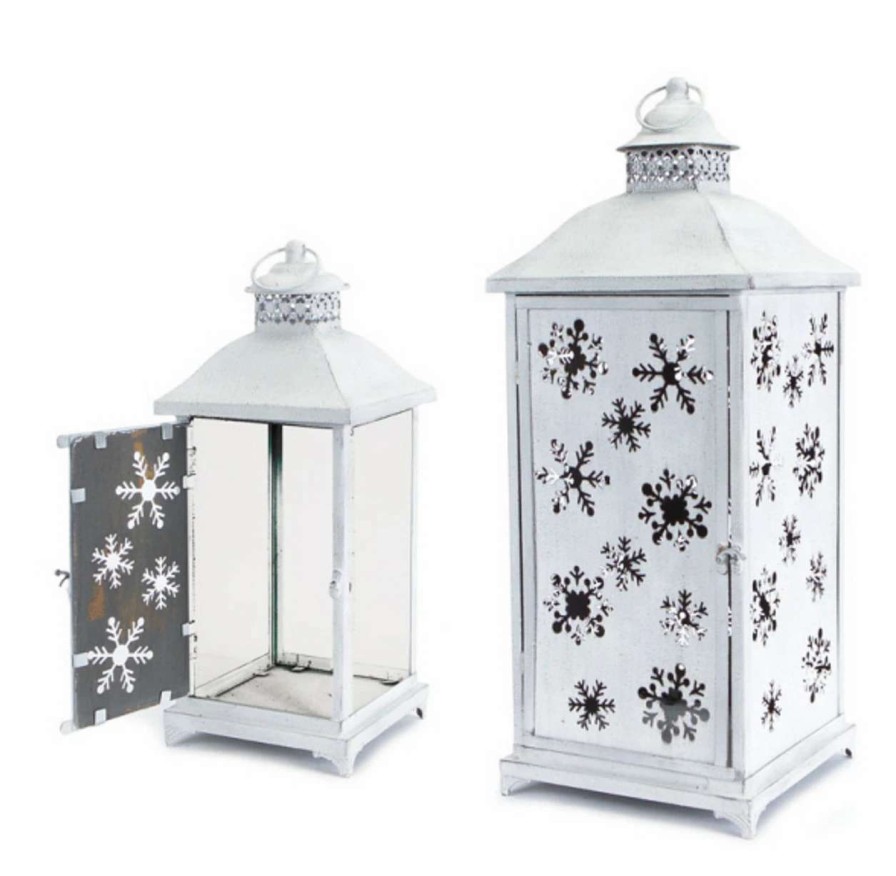 Candles & Lanterns * | Melrose Set Of 2 Large White Cut-Out Snowflake All-Weather Iron And Glass Christmas Candle Lanterns