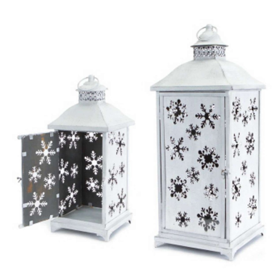 Candles & Lanterns * | Melrose Set Of 2 Large White Cut-Out Snowflake All-Weather Iron And Glass Christmas Candle Lanterns