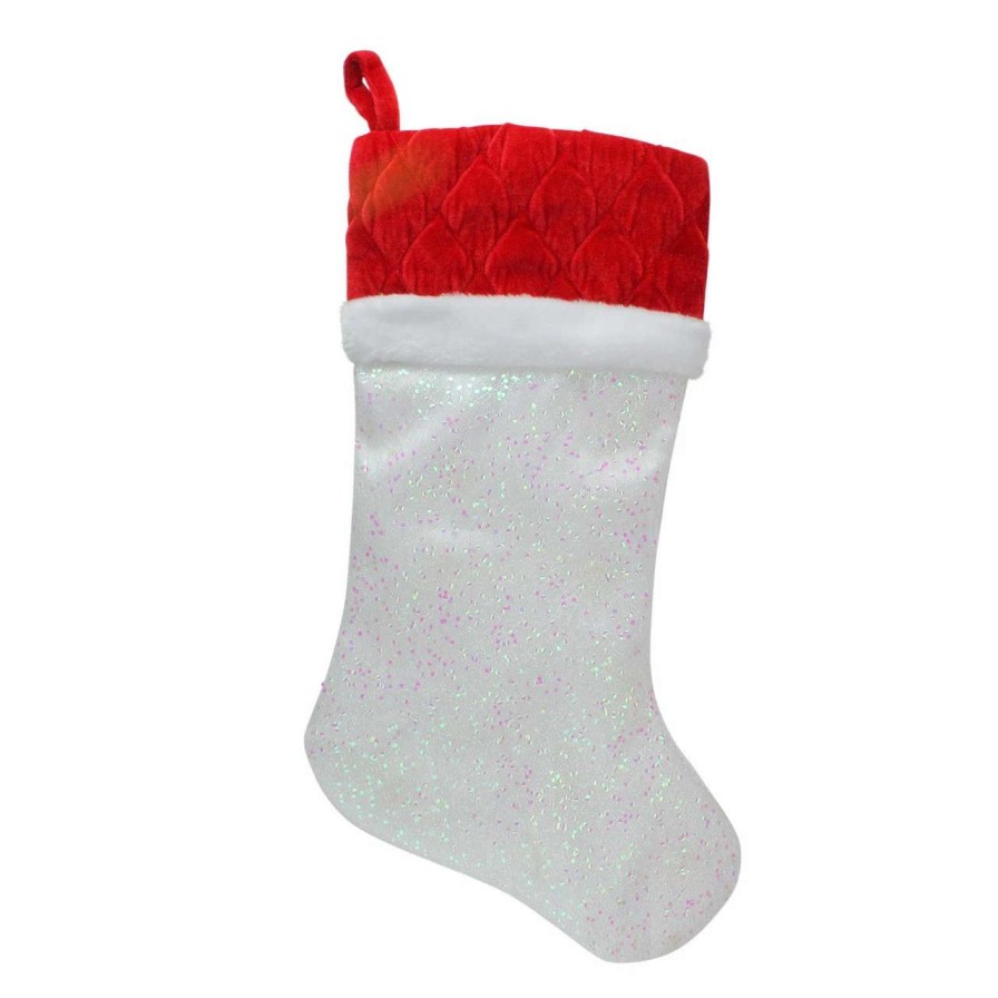 Stockings & Holders * | Northlight 22.25 Led Lighted White Iridescent Glittered Christmas Stocking With Red Cuff