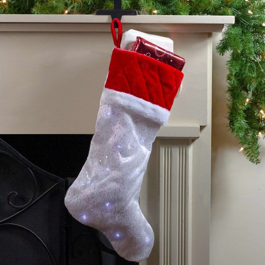 Stockings & Holders * | Northlight 22.25 Led Lighted White Iridescent Glittered Christmas Stocking With Red Cuff