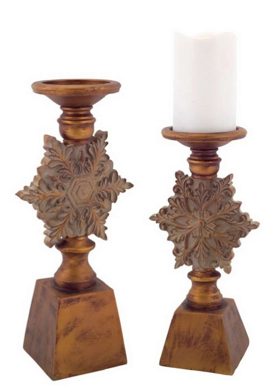 Candles & Lanterns * | Melrose Set Of 2 Brown Snowflake Christmas Pillar Candle Holders 13