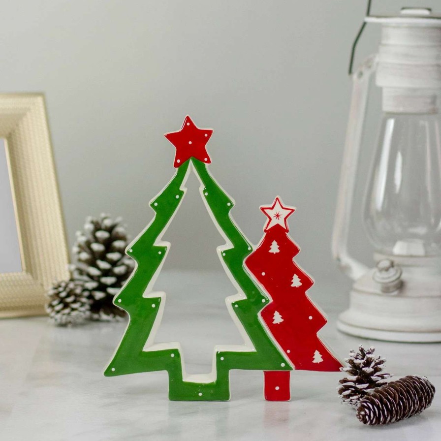 Christmas Table Top Trees * | Northlight 9 Green And Red Ceramic Christmas Tree Tabletop Decoration