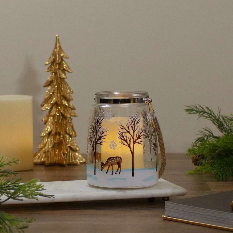 Candles & Lanterns * | Northlight 6.25 Trees And Fawns Flameless Glass Candle Lantern